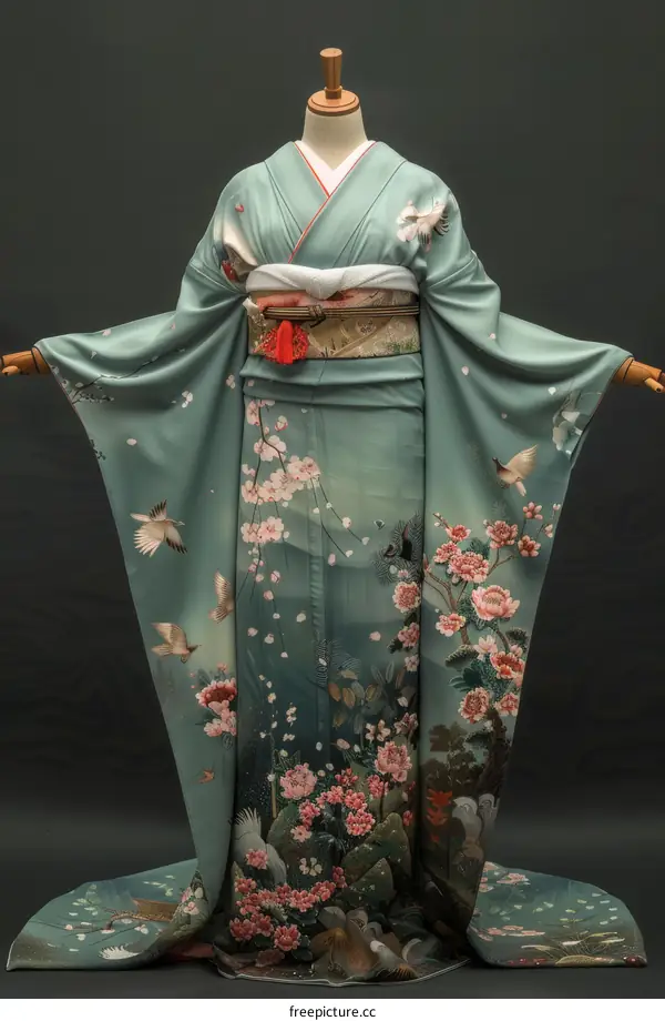 A woman wearing a kimono with a pattern of cherry blossoms and birds.