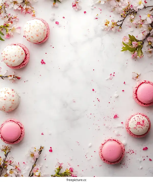 Pink and White Macarons with Blooming Cherry Blossoms