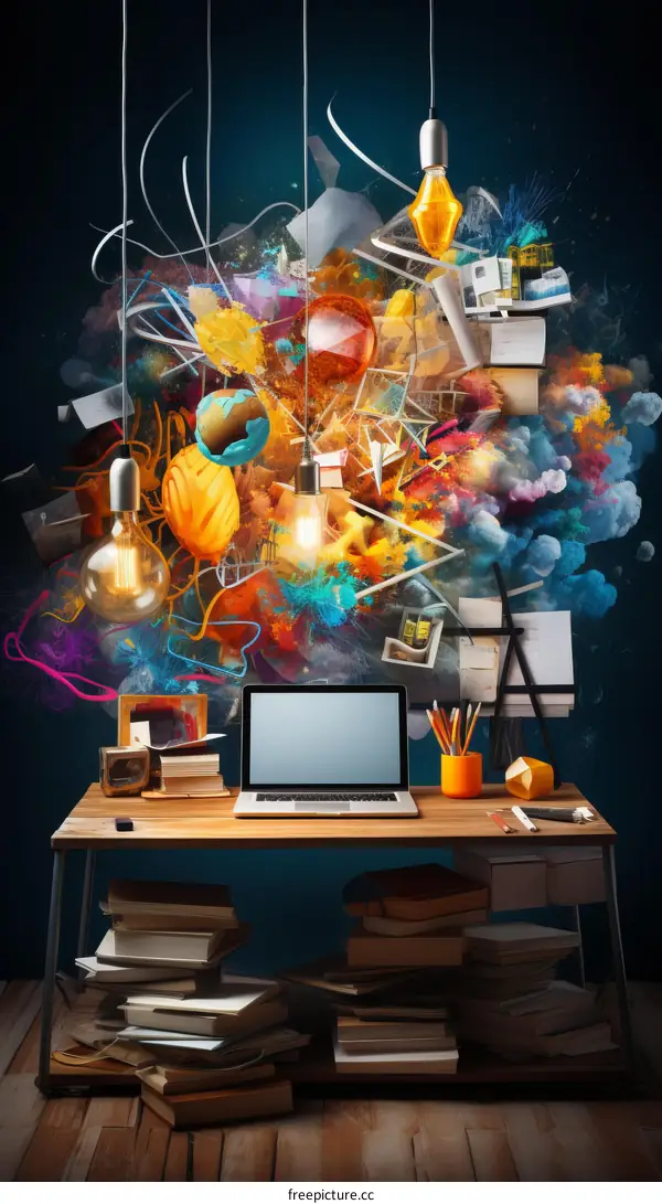 A desk with a laptop, books, and a lamp.