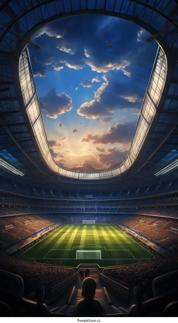 A soccer stadium with a closed roof and a large crowd of spectators