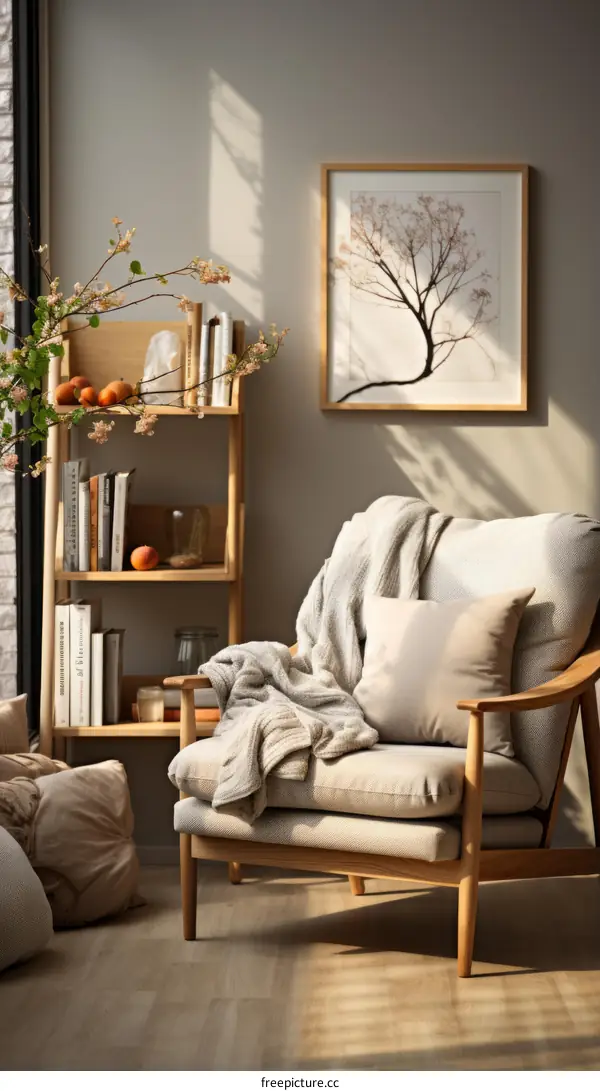 Cozy Living Room with Bookshelf and Armchair
