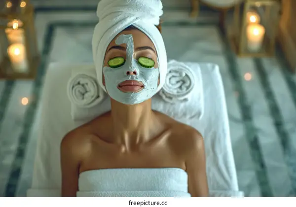 Young woman having a spa treatment with facial mask and cucumber slices on her eyes