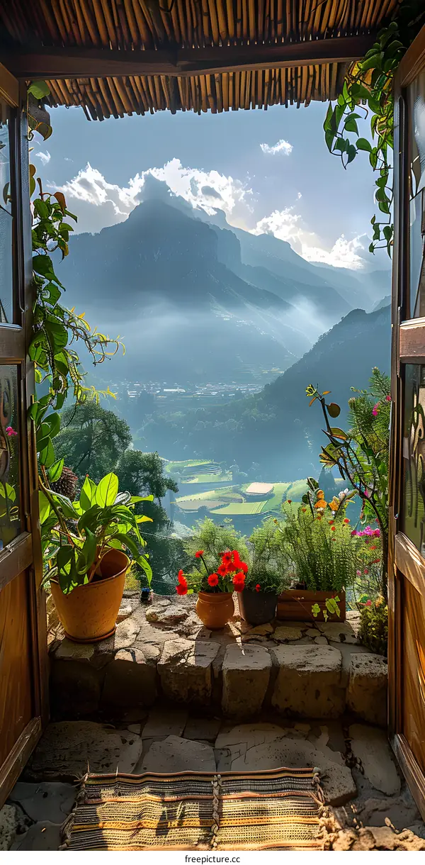 Overlooking the mountains from a traditional house
