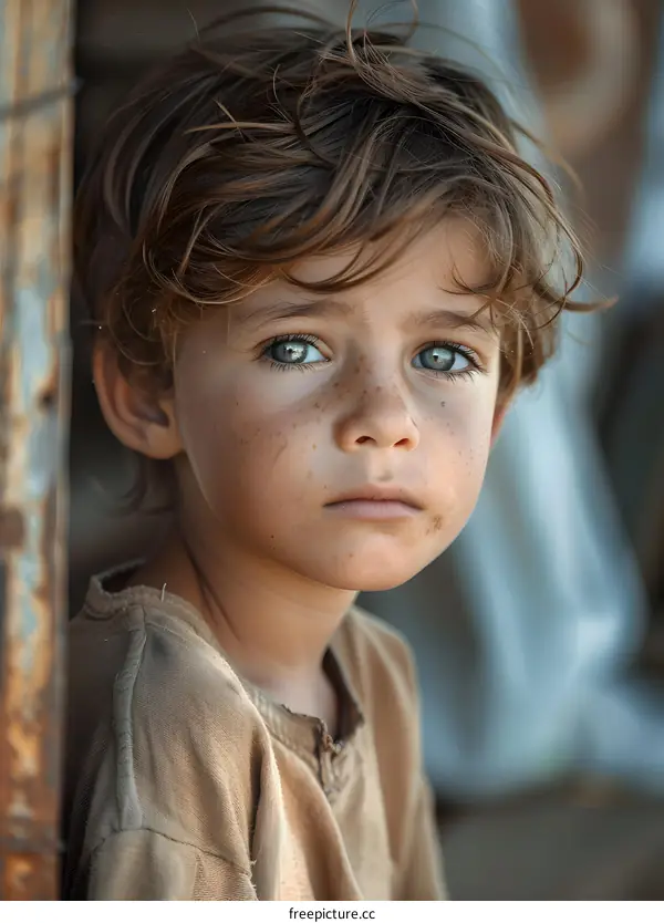 Portrait of a young boy with freckles and green eyes
