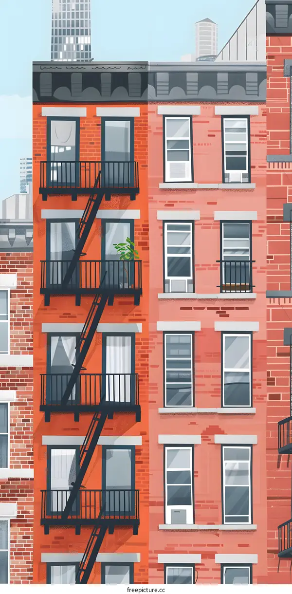 Illustrated Colorful Brick Building Facade with Fire Escape