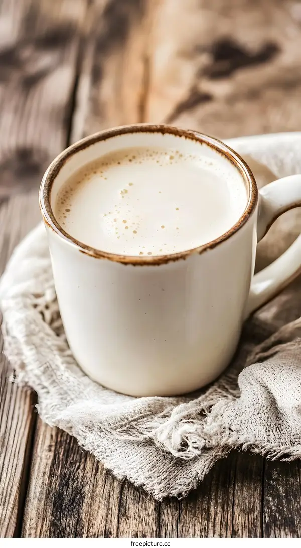 White Mug of Creamy Coffee on Wooden Table