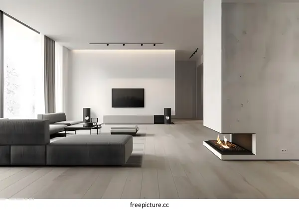 Modern Minimalist Living Room Design with Concrete Fireplace