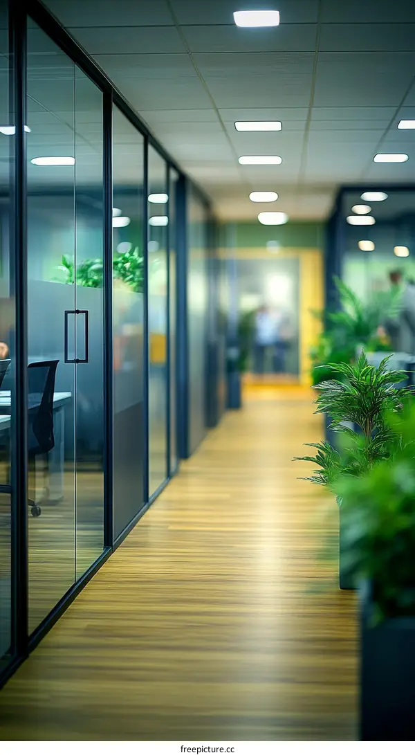 Modern Office Corridor with Plants and Glass Partitions
