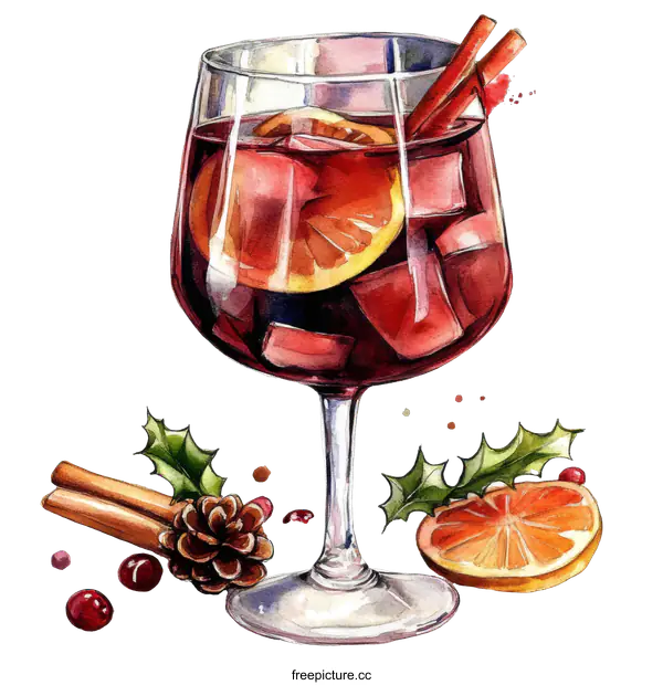 [Transparent Background PNG]Watercolor Illustration of a Festive Mulled Wine