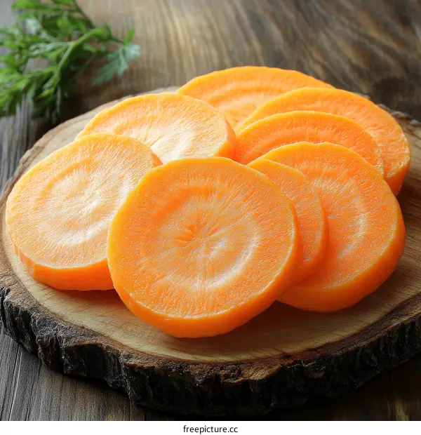 Freshly Sliced Carrot Circles on Wooden Board
