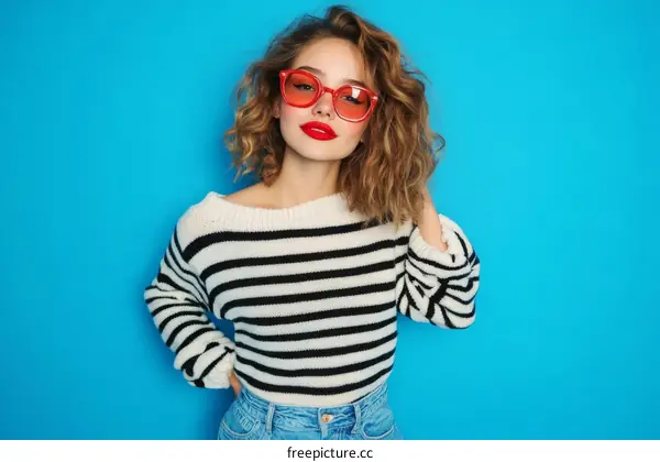 Stylish Woman in Striped Sweater and Red Sunglasses