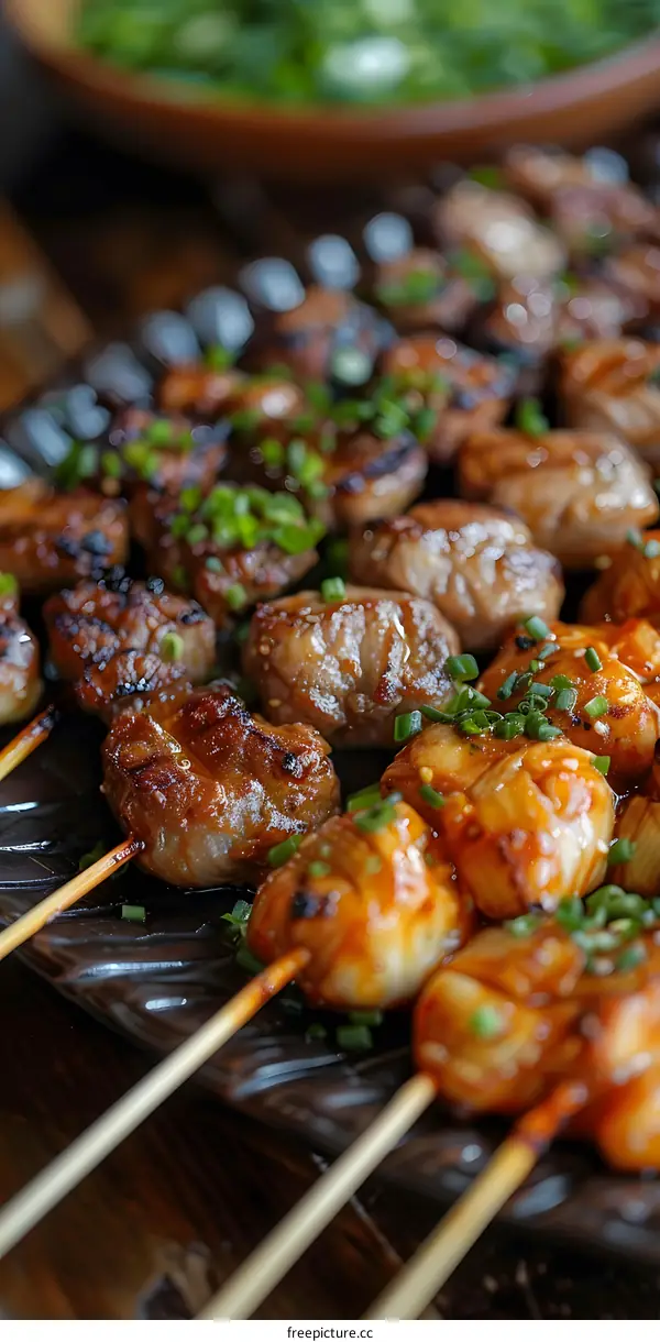 A variety of grilled meats and vegetables on skewers