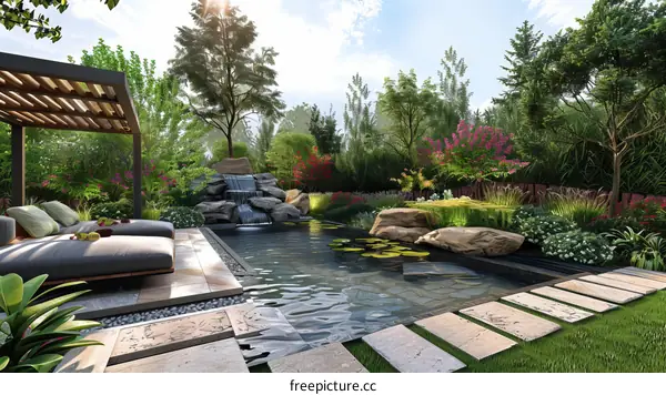 Landscape Design with Fountain, Flowers and Lush Greenery