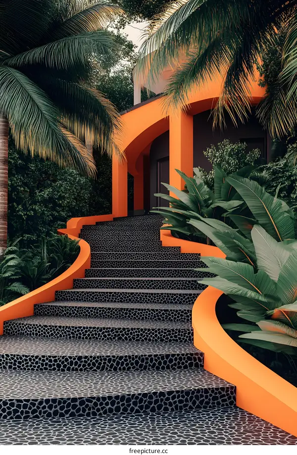 Modern Tropical House with Orange and Black Accents