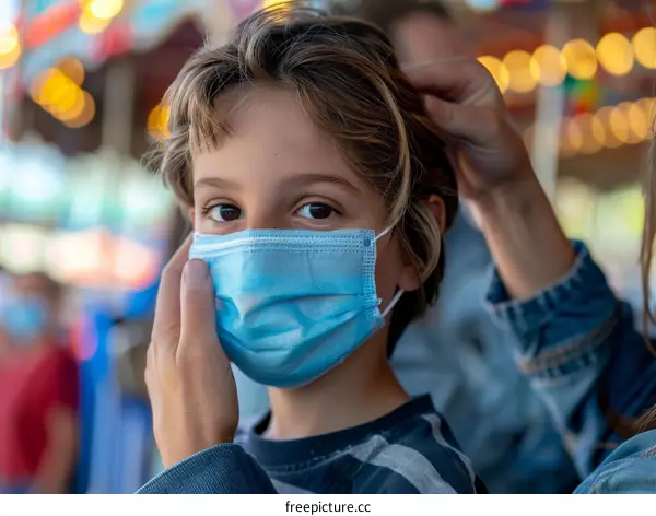 A masked boy at a carnival with his mother