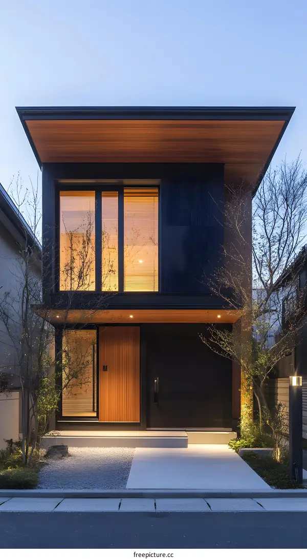 Modern Japanese Minimalist House Exterior Design with Wooden Roof and Black Facade