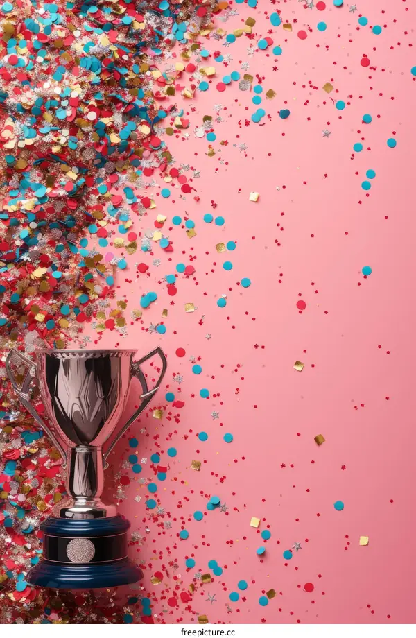 Silver trophy with blue base on pink background with colorful confetti