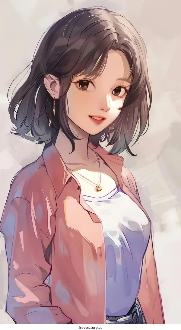 Portrait Illustration of a Young Woman with Short Brown Hair Wearing a Pink Shirt