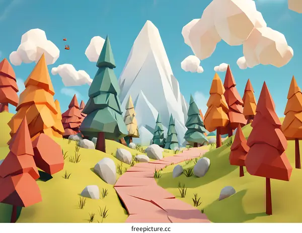 Low Poly Style 3D Illustration of a Winding Path Through a Forest with Mountains in the Background