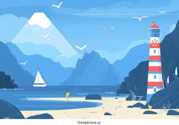 Beautiful Ocean View With Lighthouse and Sailboat