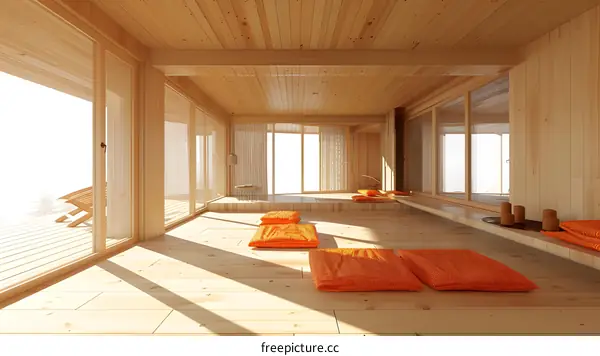 Wooden Cabin Interior With Orange Cushions And Sunbeams
