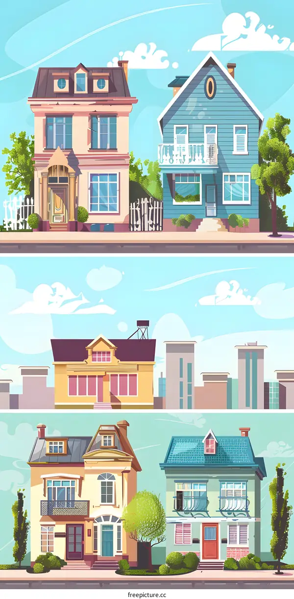 Cartoon Illustration of Houses on a Street
