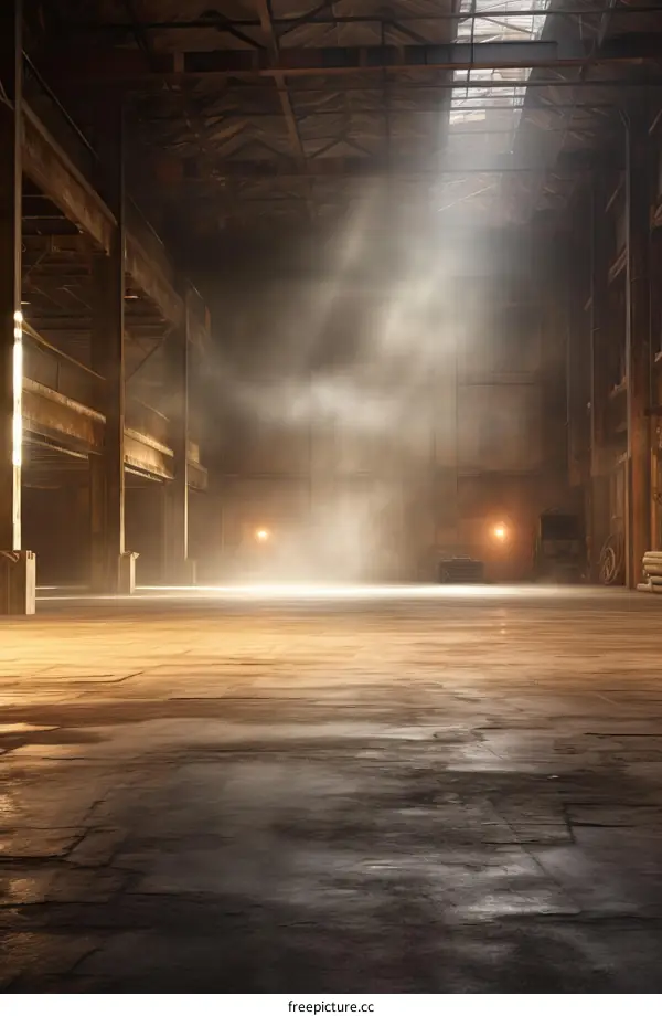 An empty warehouse with a spotlight shining through the roof