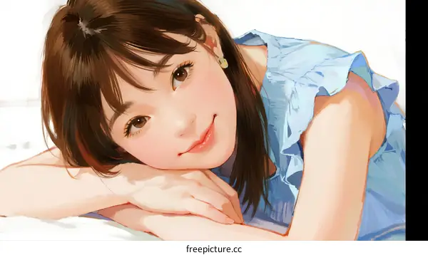 A Young Woman Leaning on Her Arms with a Soft Smile