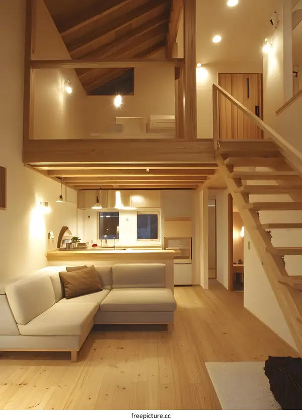 Modern Loft Style Living Room Interior Design With Wooden Stairs and Beams