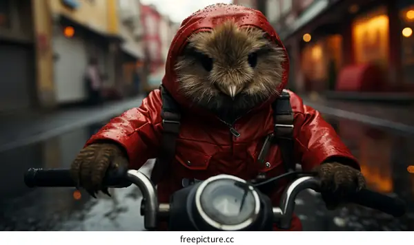 Owl in a red raincoat riding a motorcycle