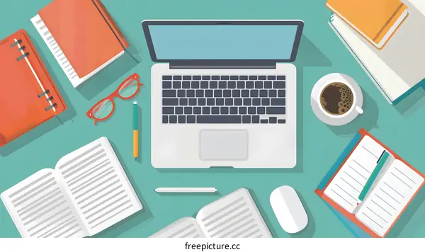 Flat Design Illustration of a Workspace with Laptop, Books, and Coffee