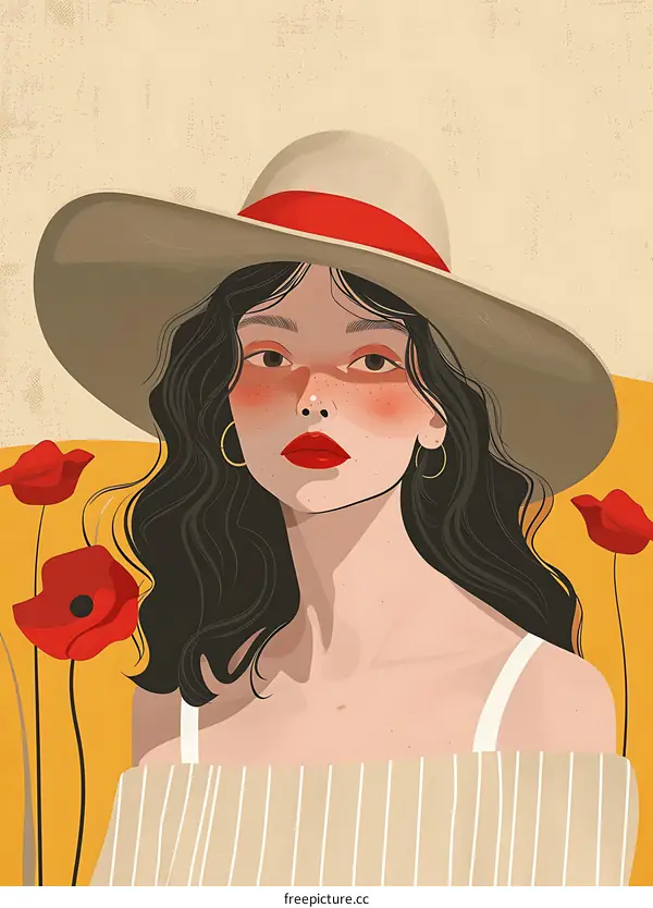 Woman With Hat And Flowers Illustration