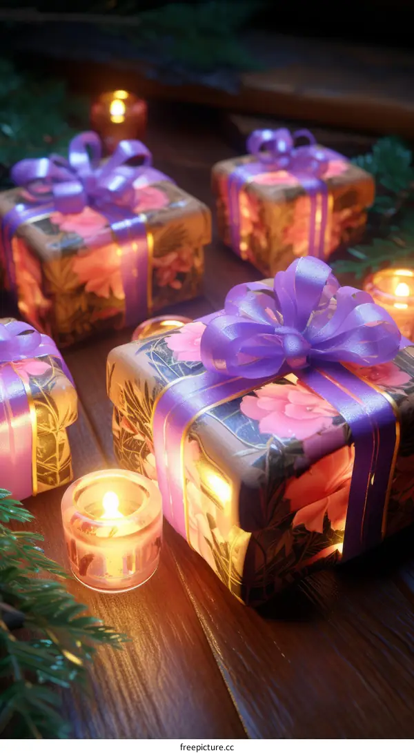 Beautifully wrapped presents sit on a wooden table near a candle