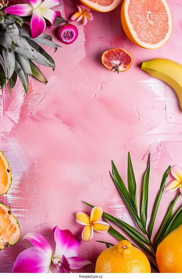 Tropical Fruits and Flowers on Pink Background