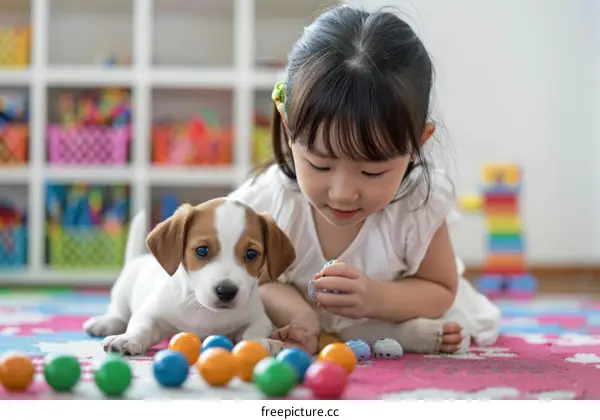 Asian toddler girl playing with a puppy