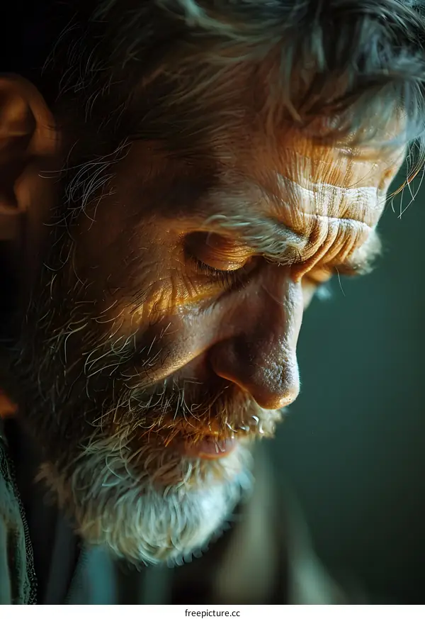 Portrait of an old man with a long white beard looking down