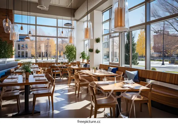 Elegant Restaurant Interior with Large Windows and Natural Light