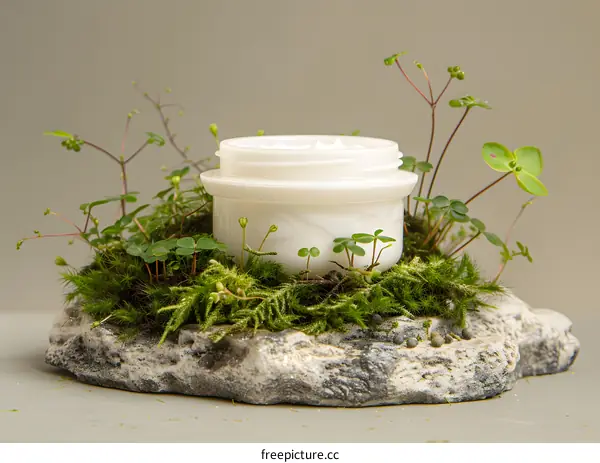 White Cream Jar On Mossy Stone With Plants