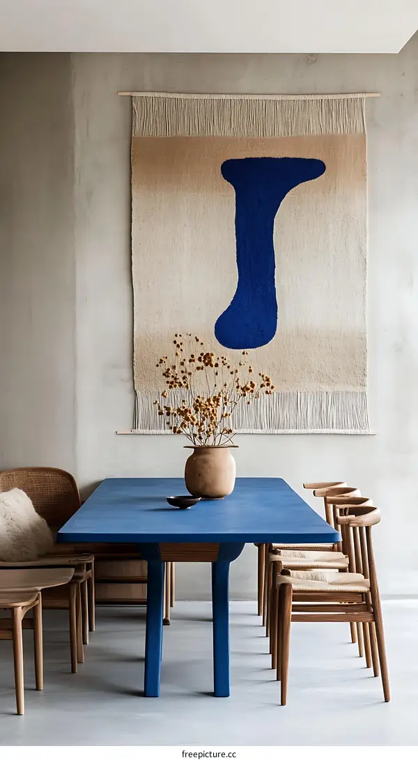 Modern Dining Room with Blue Table and Wall Tapestry