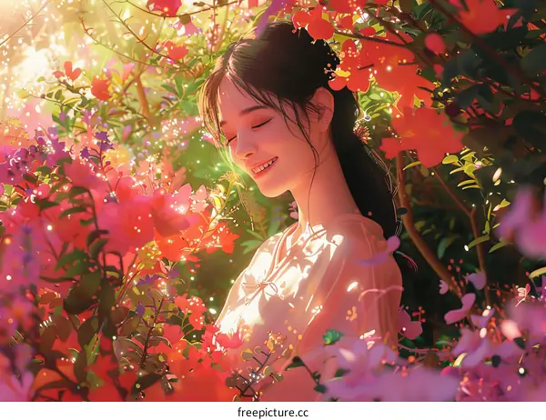 Serene Asian Woman in a Garden of Blossoms