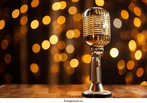gold retro microphone on stage with blurred lights background