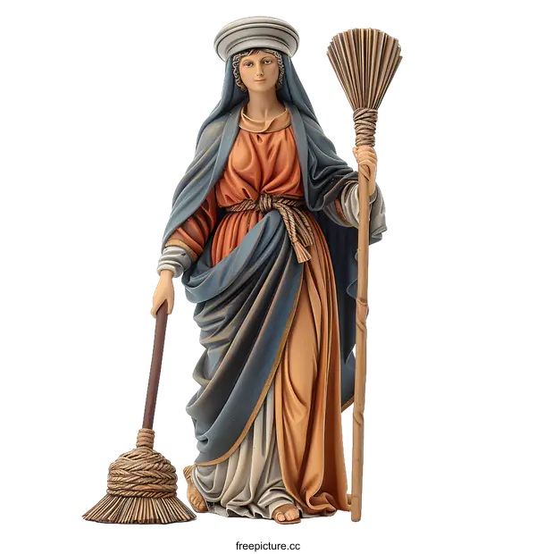 [Transparent Background PNG]Wooden Statue Woman Brooms