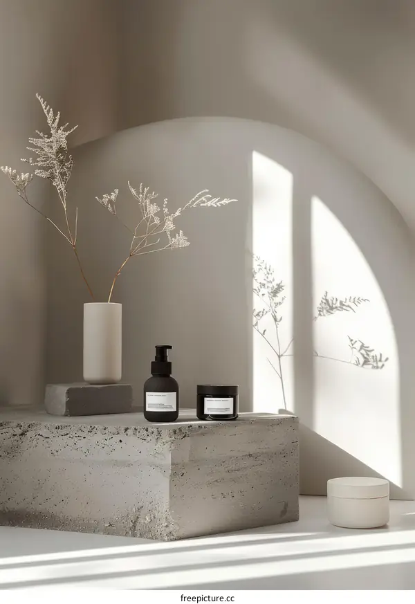 Concrete Podium Featuring Natural Skin Care Products and Dried Flowers