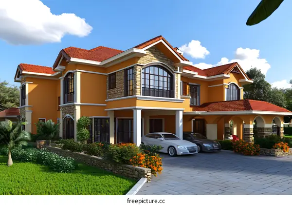 Modern Orange House With Stone Wall And Red Roof