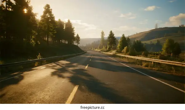 Sunlit road through forested area with trees and clear sky