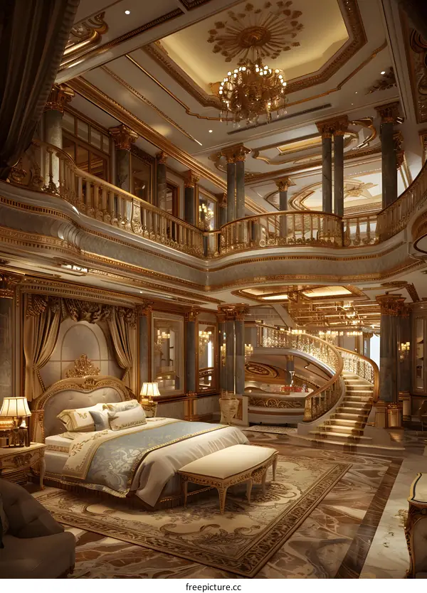 A bedroom in a luxurious mansion
