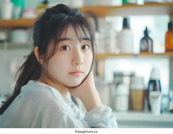 Young Asian Woman With Long Hair Looking At Camera