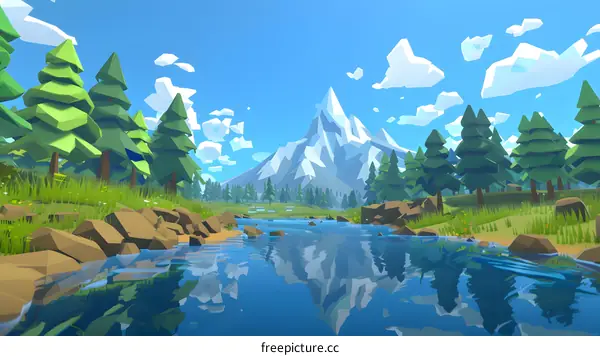 Low Poly Mountain River Landscape Illustration