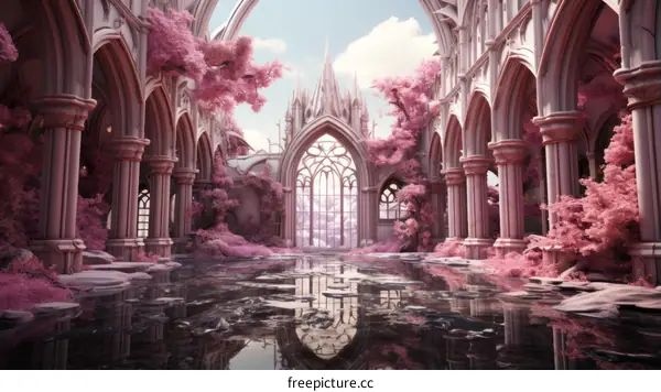 Fantasy Pink Landscape with a Ruined Cathedral