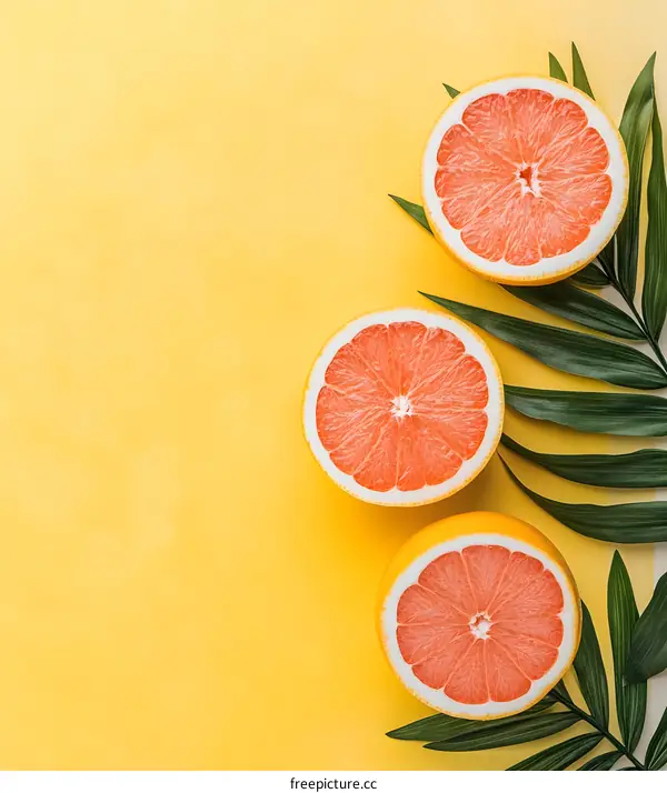 Fresh Grapefruit Halves with Palm Leaf on Yellow Background